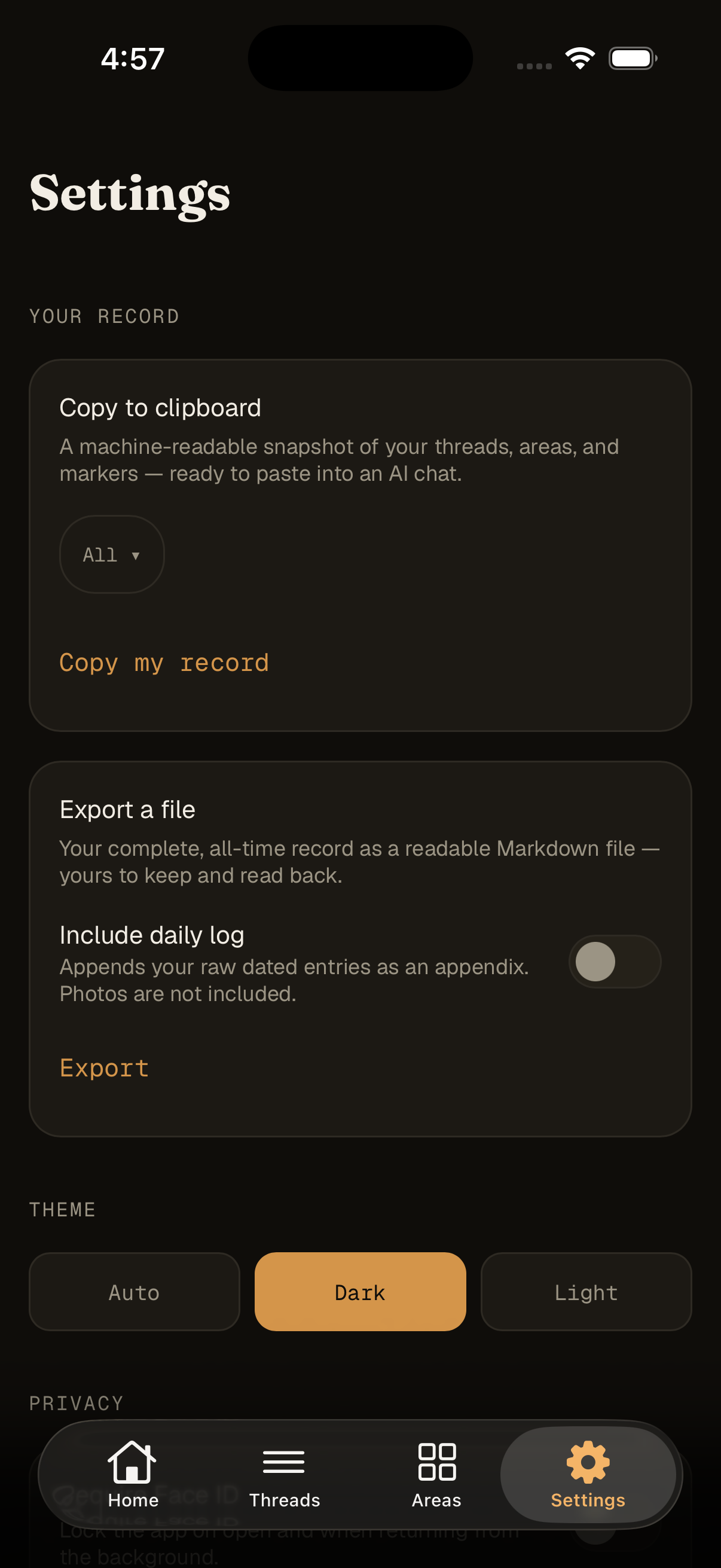 Pentima Settings showing options to copy a machine-readable snapshot or export a readable file.