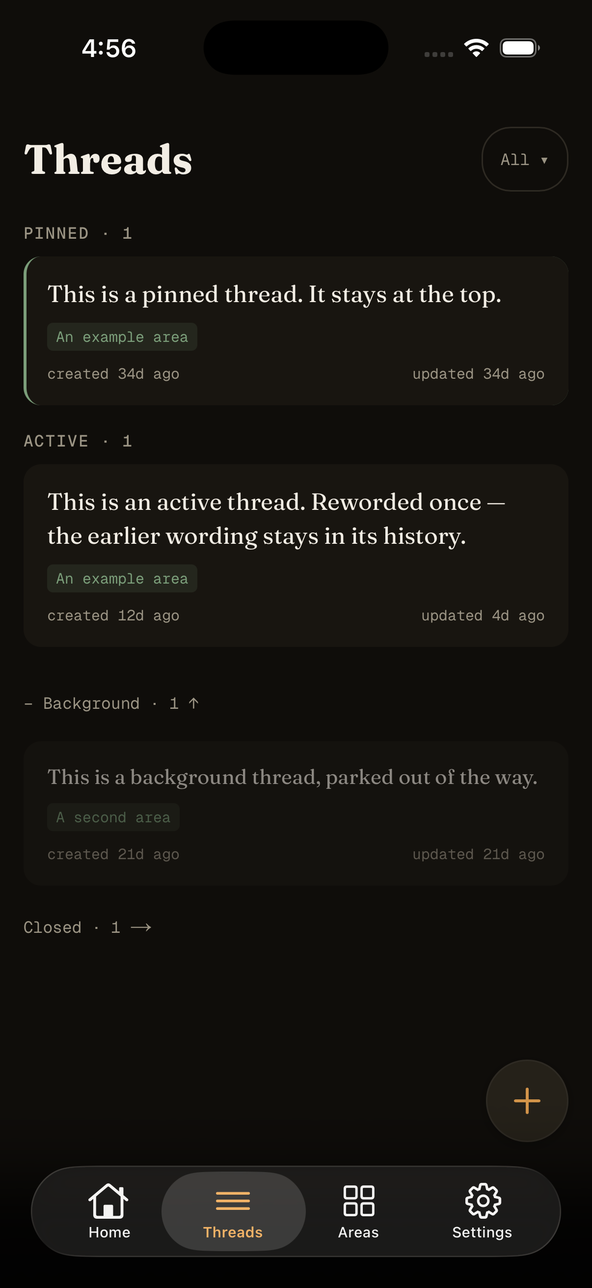 Pentima Threads showing pinned, active, background, and closed threads.